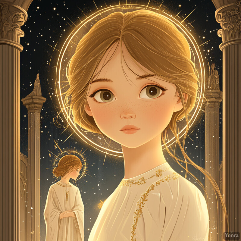 A young girl in white dress with gold embroidery, gazing at her hands in a serene landscape.