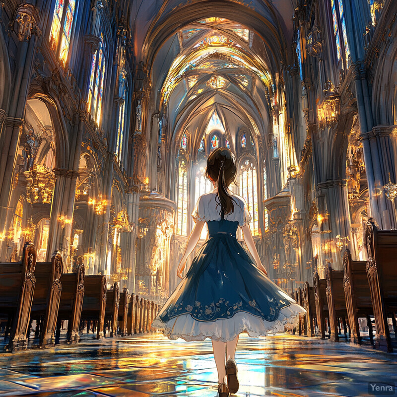 Anime-style illustration of a woman walking down a grand hallway with high ceilings and ornate details