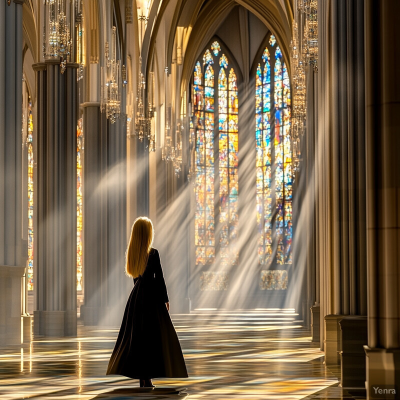 A woman stands in front of a stunning stained-glass window, surrounded by grand stone architecture.