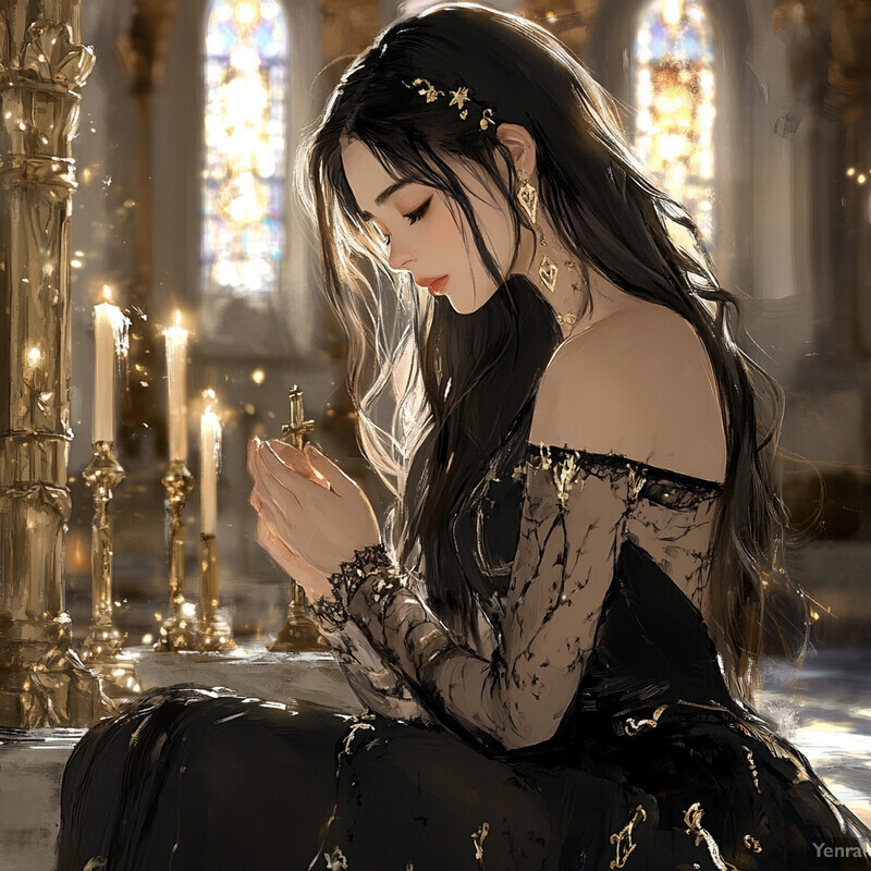 A woman sits in a church or cathedral, surrounded by ornate decorations and stained glass windows, lost in thought and contemplation.