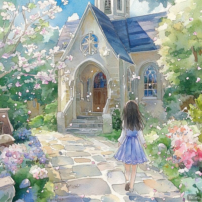 A young girl walks towards a church surrounded by lush greenery and vibrant flowers in this watercolor painting.