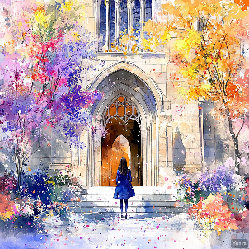 A young girl stands in front of an ornate arched doorway surrounded by flowers and greenery.