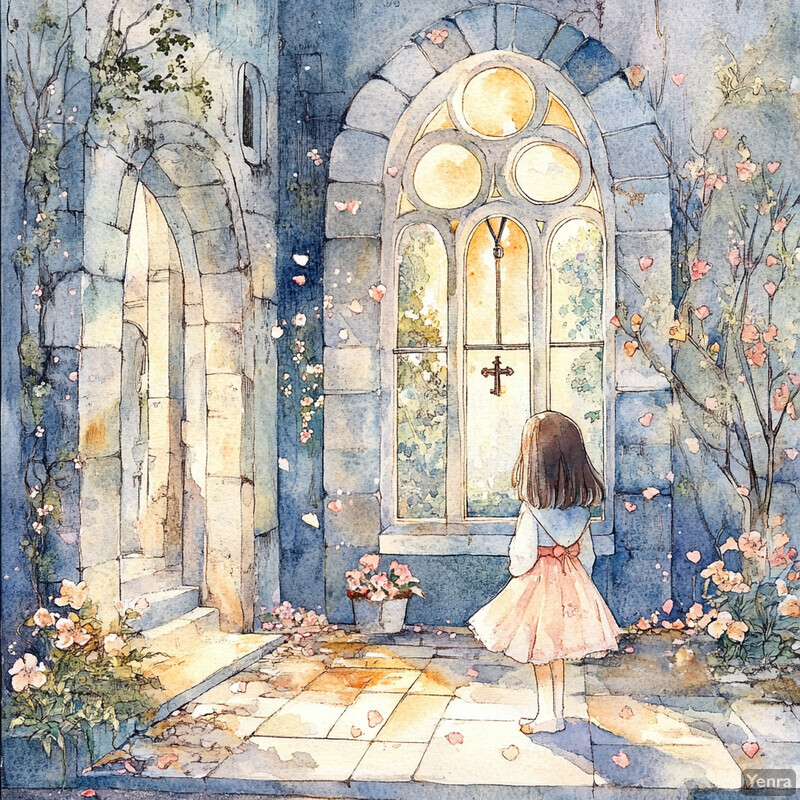 A young girl stands in front of an arched window with a cross, surrounded by greenery and flowers.