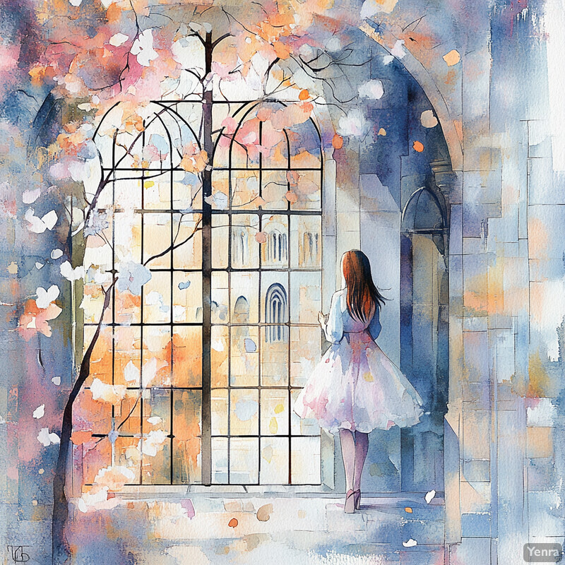 A serene scene of a woman standing in front of an arched window surrounded by blooming flowers and lush greenery.