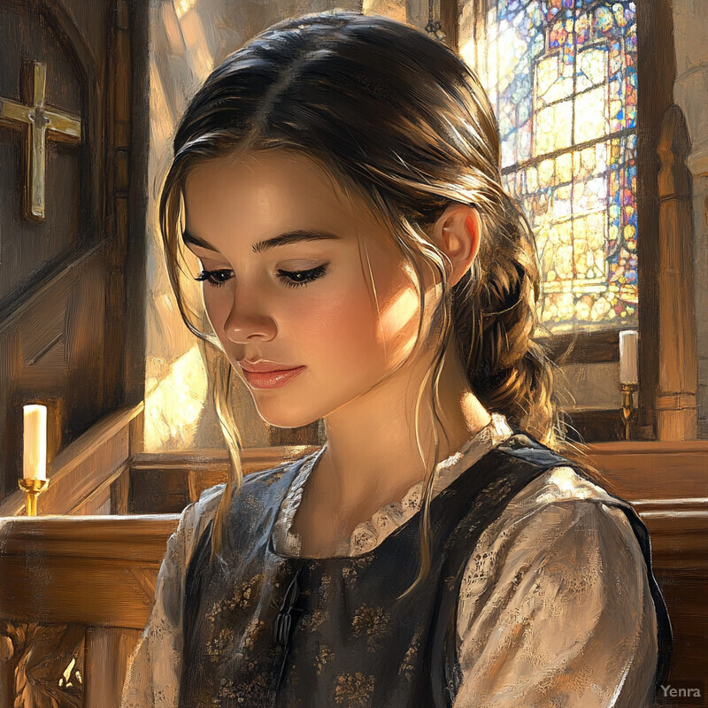 A young girl sits in a church pew, surrounded by stained glass windows and wooden pews, exuding a sense of peace and tranquility.