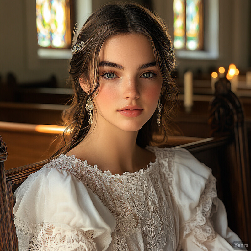 A young woman attends a religious service in a church or cathedral, exuding reverence and solemnity.