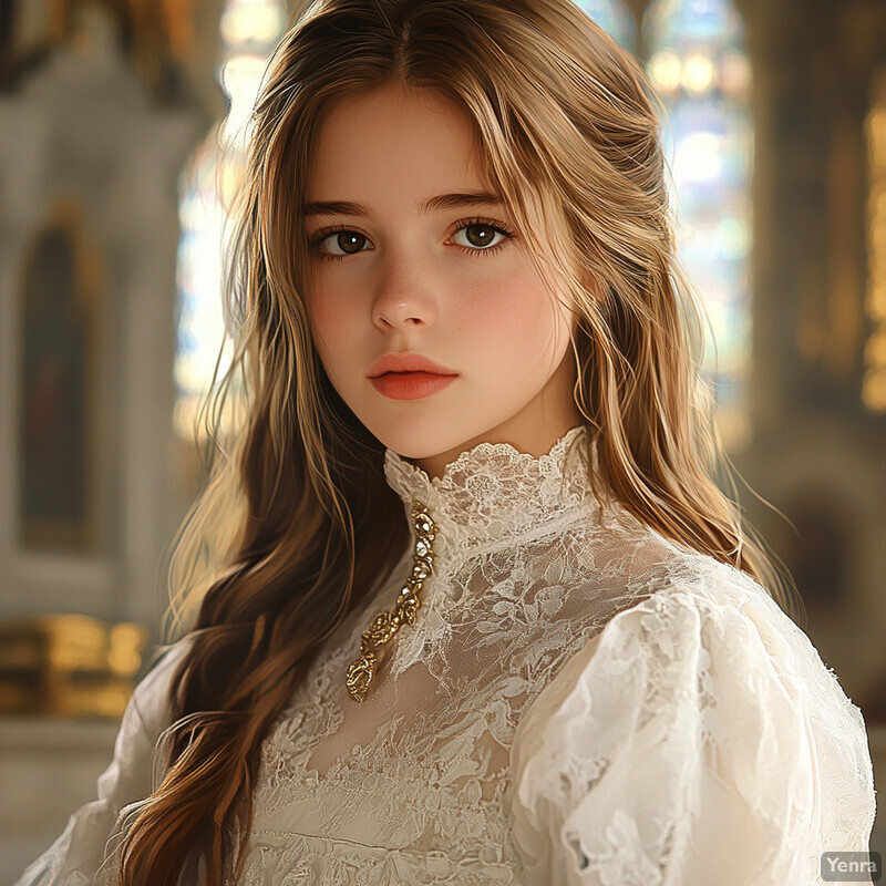 A young girl stands in front of a stained glass window, her white dress and long hair creating an elegant and refined atmosphere.