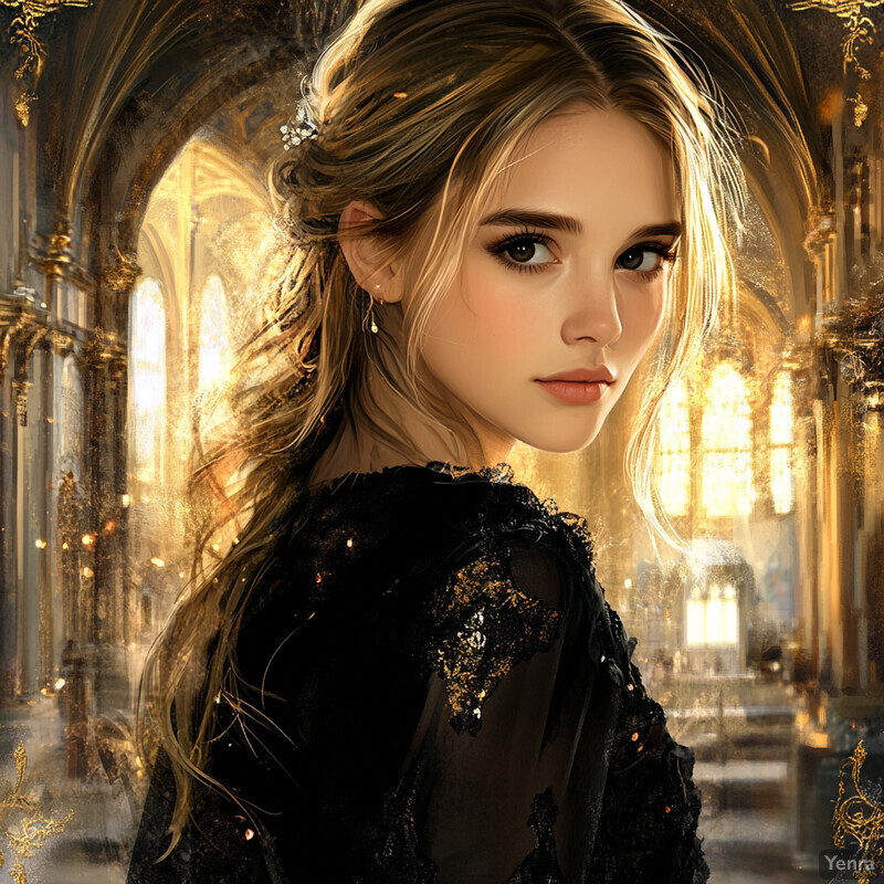 A young woman in a black lace dress stands in front of a grand cathedral interior.