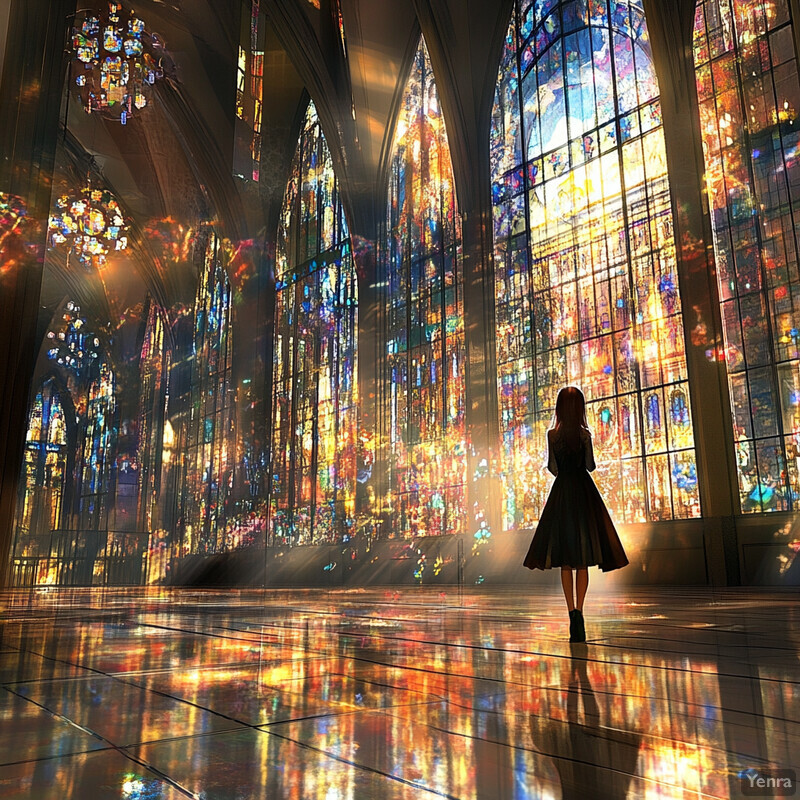 A woman stands in front of a stunning stained glass window, bathed in sunlight.