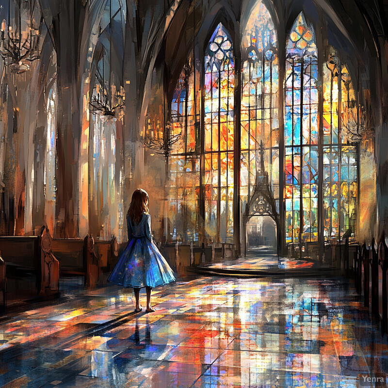 A woman stands in an ornate church with large stained-glass windows, gazing out at the colorful panes of glass.