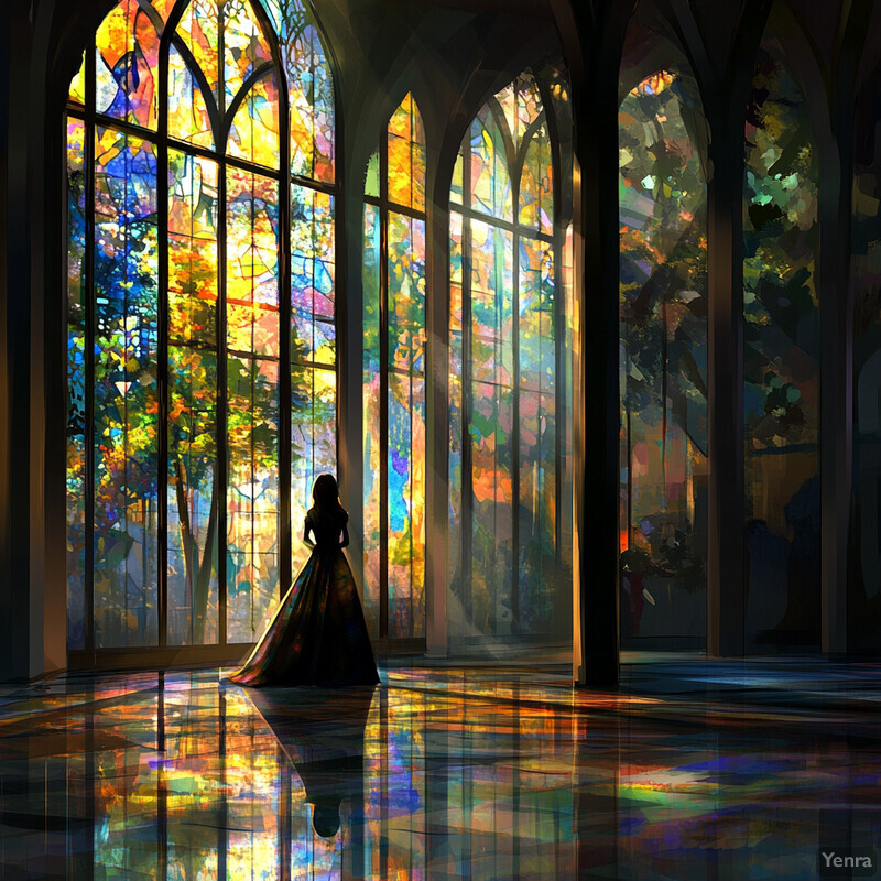 A woman stands in front of a large stained-glass window, gazing out at the garden beyond.