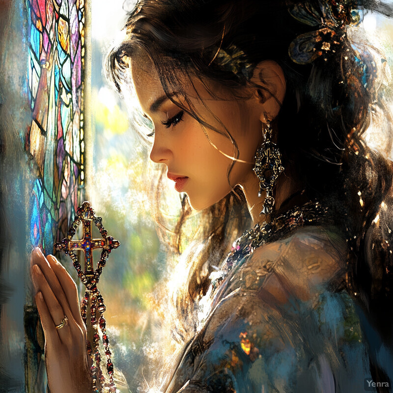 A woman holding a rosary stands in front of a stained glass window, exuding serenity and spirituality.