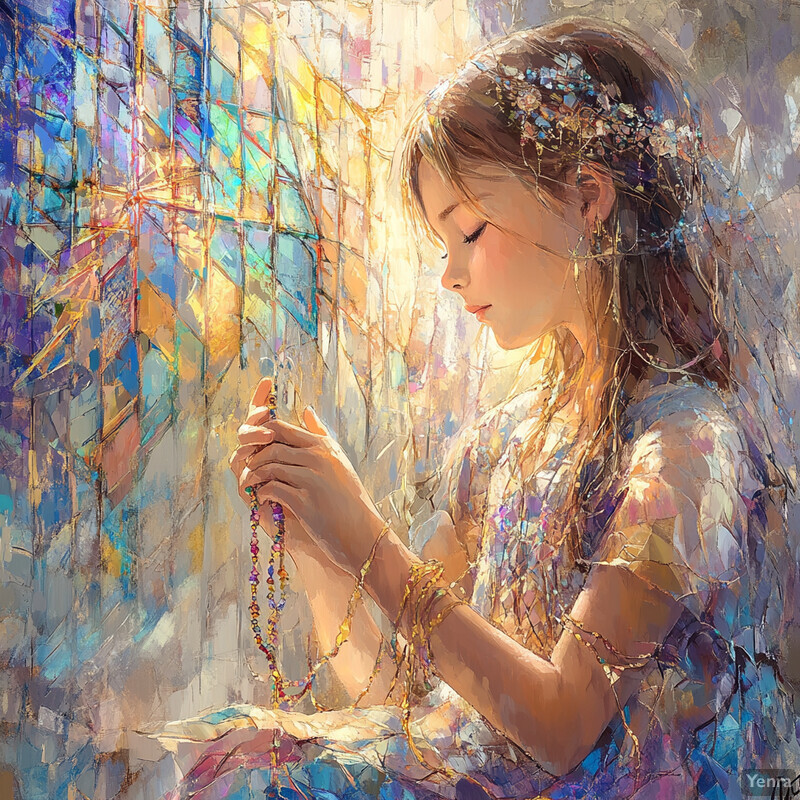 A young girl in a white dress holds a rosary, surrounded by soft pastel colors and delicate brushstrokes.