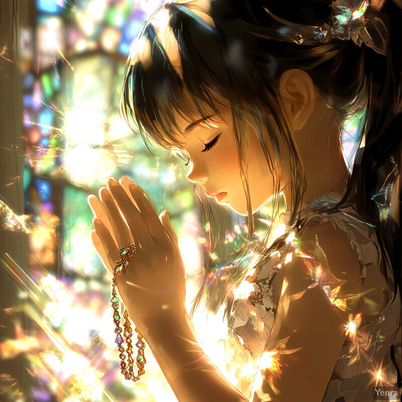 A woman prays in a church or cathedral, surrounded by a radiant glow.