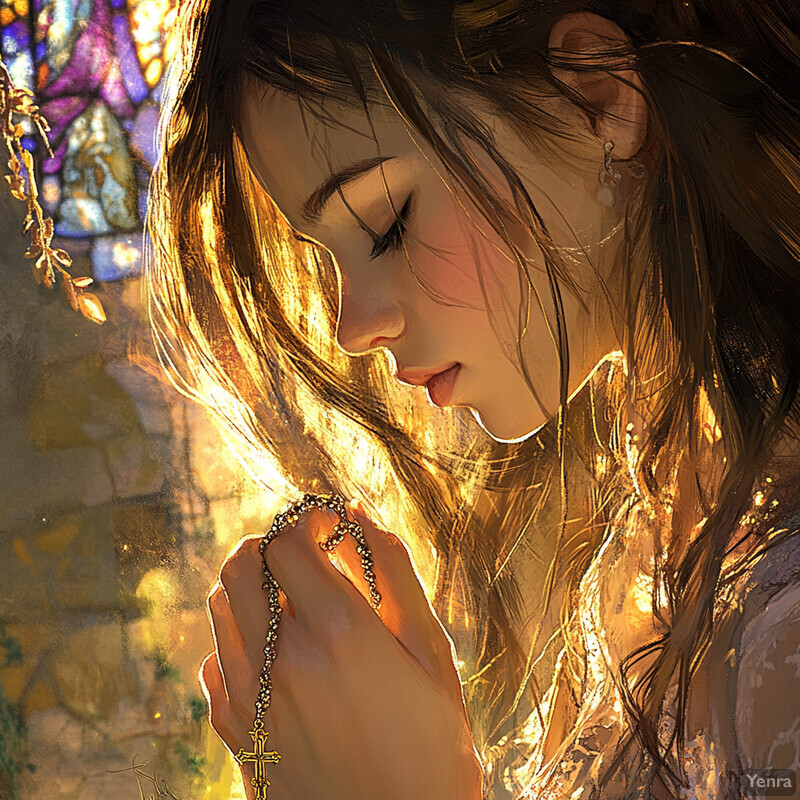 A serene image of a woman holding a rosary, with a peaceful expression on her face.