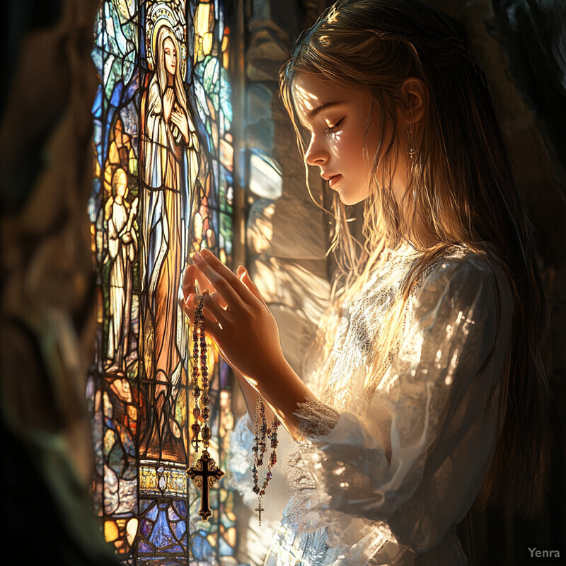 A woman holds rosary beads in front of a stained-glass window featuring Mary.