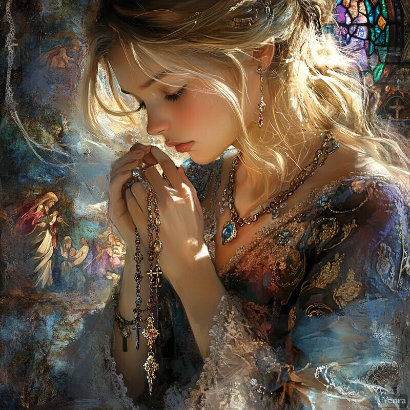 A woman lost in thought, gazing downwards at a rosary in her hands, exuding an atmosphere of quiet reflection and devotion.