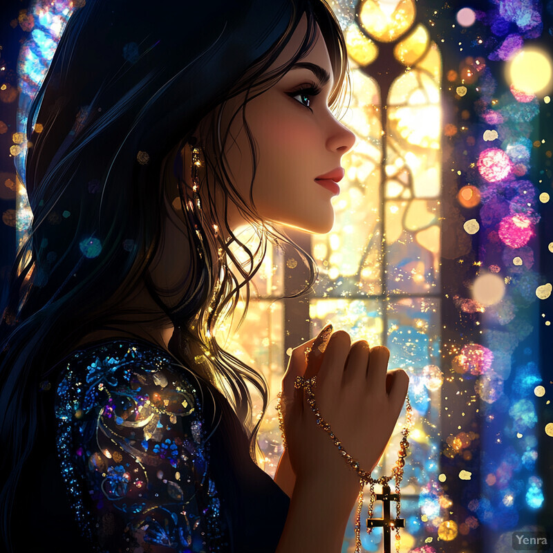 A woman holding a rosary in front of a stained glass window