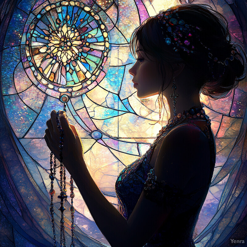 A woman holds rosary beads in front of a stained glass window with a flower design.