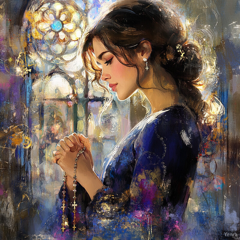 A serene and contemplative scene of a woman holding a rosary in her hands, surrounded by a richly textured background that evokes a sense of history and tradition.