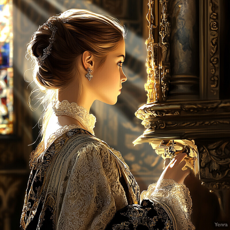 A woman in ornate attire stands before an elaborate mirror, possibly preparing for an event or admiring herself.