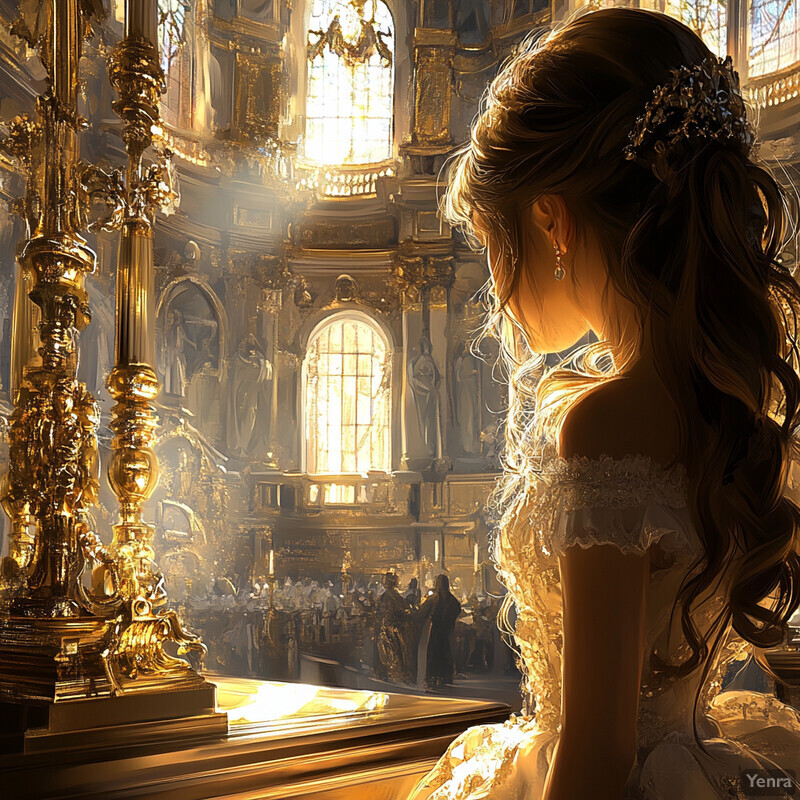 A woman stands before an ornate altar, surrounded by intricate carvings and gold accents, conveying a sense of devotion and solemnity.