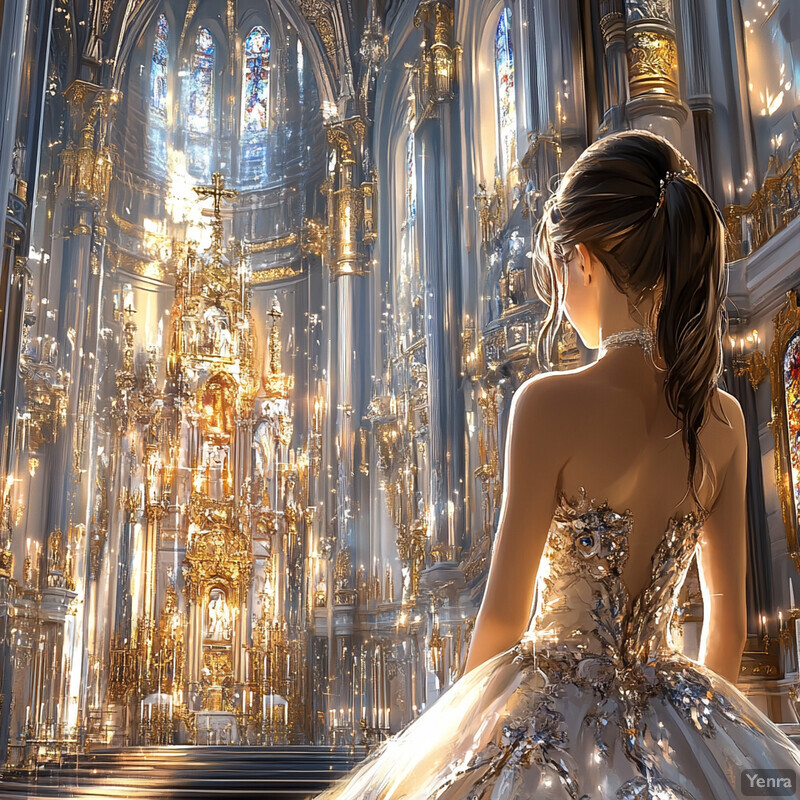 A woman in an elegant white wedding dress stands before a grand cathedral, lost in thought or prayer.