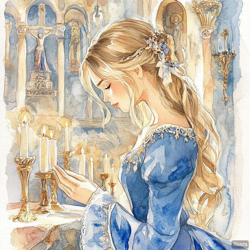 A serene and peaceful scene of a woman in a blue dress kneeling on one knee, holding a lit candle in her hands.