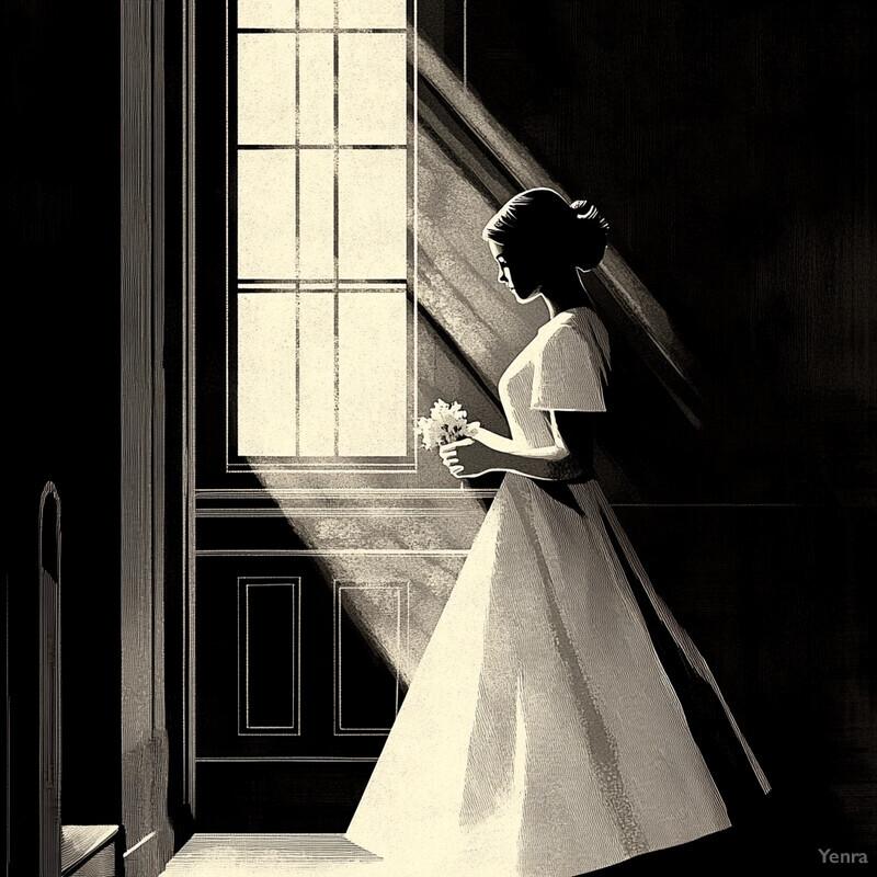 A woman in a wedding dress stands by a window