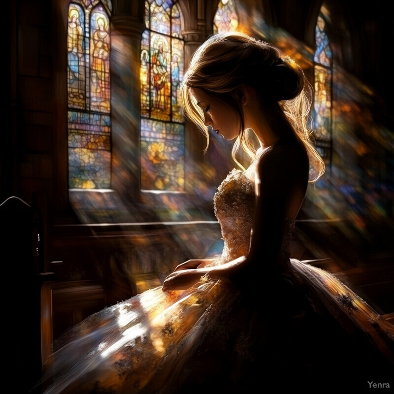 A serene and contemplative scene of a woman in a wedding dress sitting in a church pew