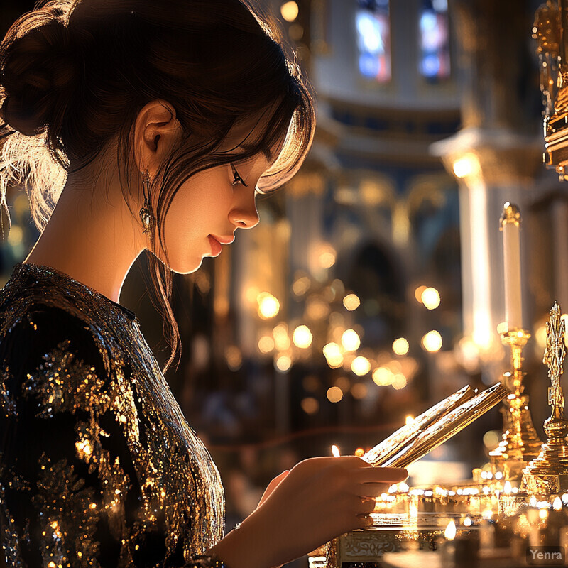 A woman stands in a church or cathedral, surrounded by ornate decorations and stained glass windows, lost in thought as she prays or meditates.