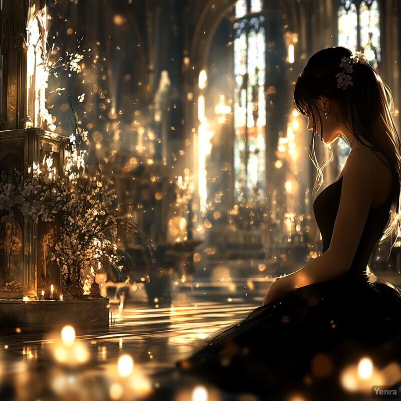 A woman sits in contemplation at an altar in a church or cathedral