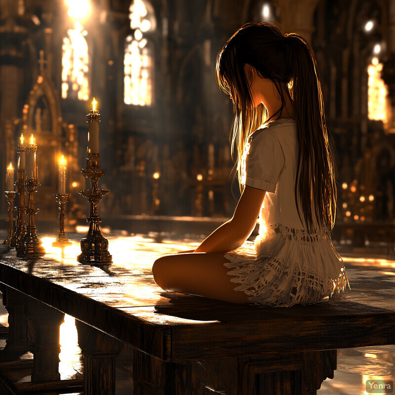 A young woman sits on a wooden bench in a dimly lit room with stone walls and stained glass windows, lost in thought as she gazes downward at the intricate carvings.