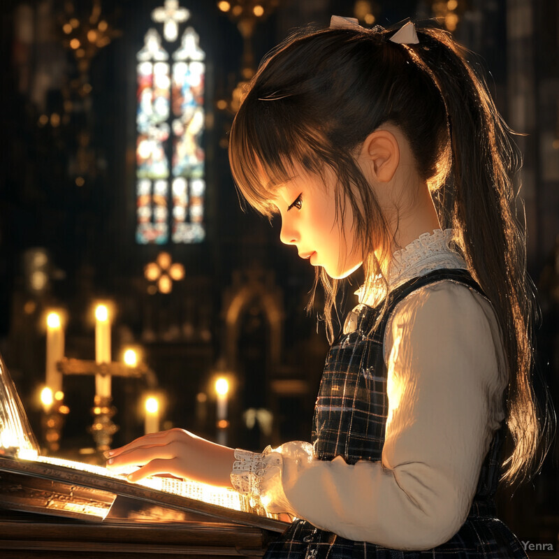 A young girl plays an organ in a church or cathedral