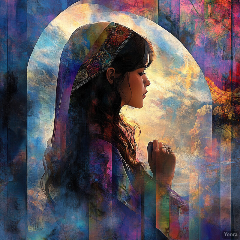 A woman in prayer, surrounded by vibrant colors and an ethereal atmosphere.