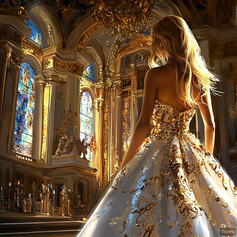 A woman in a stunning white and gold gown stands in front of a large stained glass window, exuding elegance and sophistication.