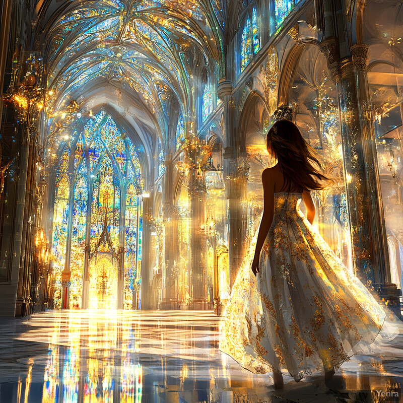 A woman in a stunning white and gold gown admires an ornate stained glass windowed room.