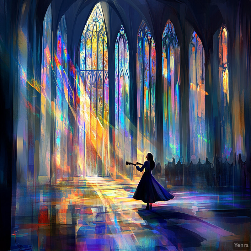 A woman plays an instrument in a grand cathedral.