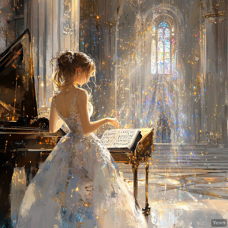 A woman in a white dress plays the piano in an ornate church setting