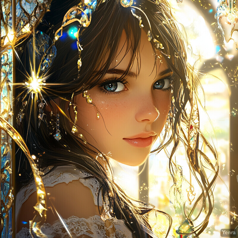 A serene portrait of a woman with blue eyes and fair skin, wearing a white lace dress, set against a warm golden light background.