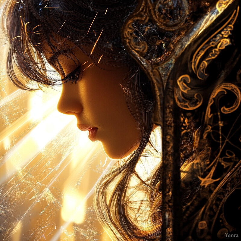 A woman's face is illuminated from behind by dramatic lighting, while an ornate object dominates the right side of the image.