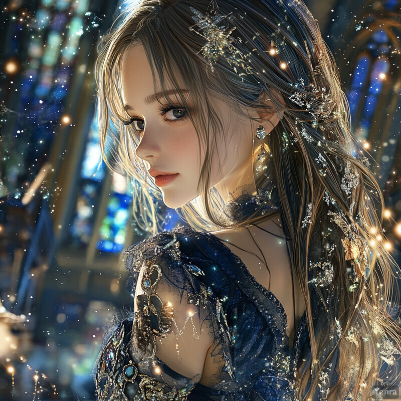 A woman with long hair and a blue dress stands in front of a blurred cityscape.