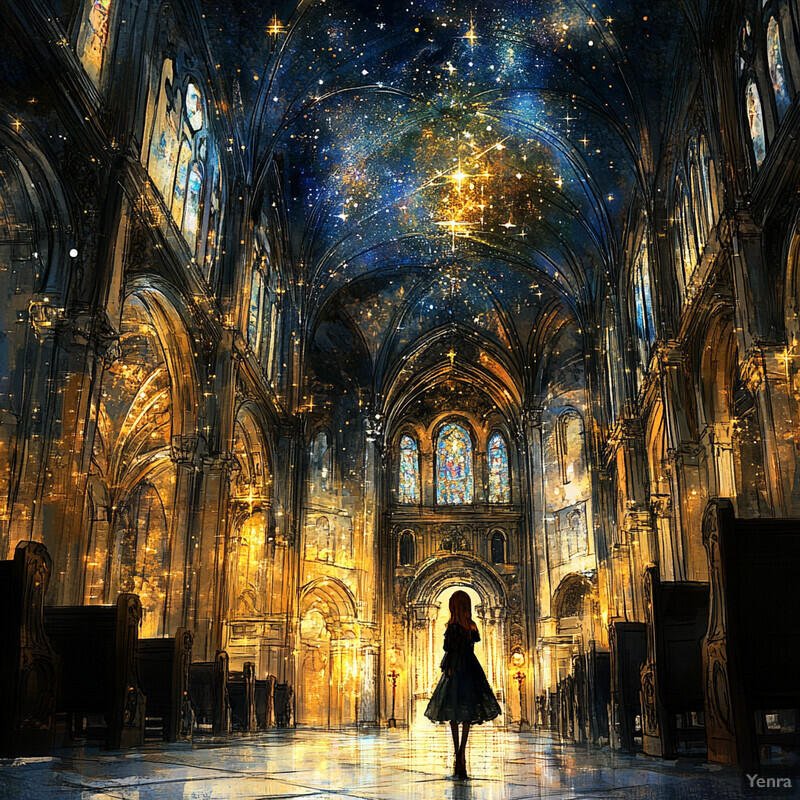 A woman stands in a grand cathedral, surrounded by stunning architecture and natural light.