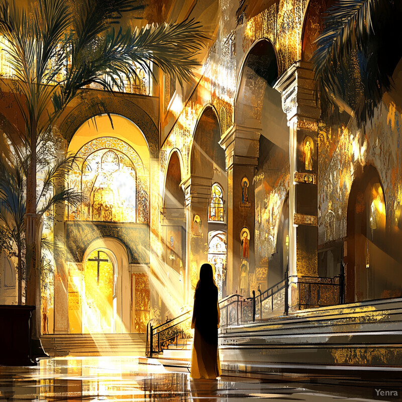 A serene and mystical scene with a grand building, soft light, and a mysterious figure.