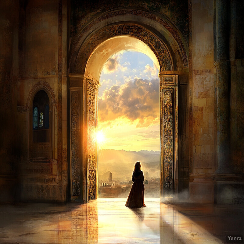 A woman stands at an archway, gazing out at a breathtaking sunset, suspended between two worlds.