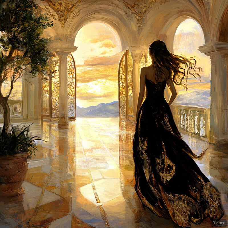 A woman stands in an ornate room gazing out at a sunset over mountains.