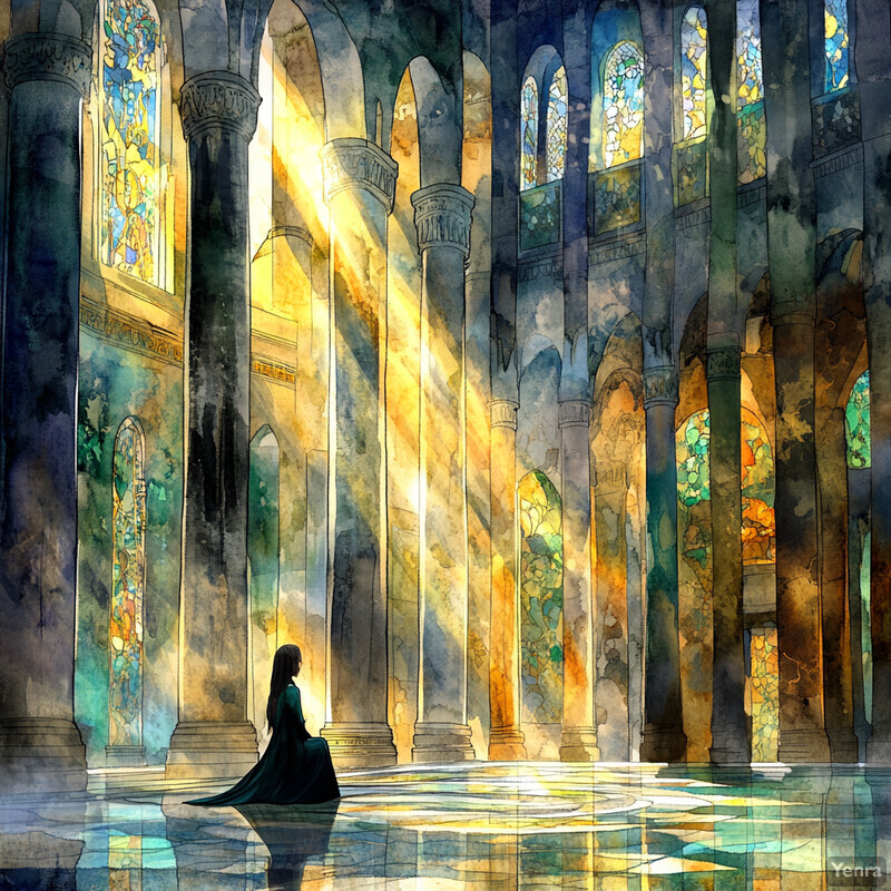 A serene scene of a woman sitting in a grand hall with tall columns and stained glass windows