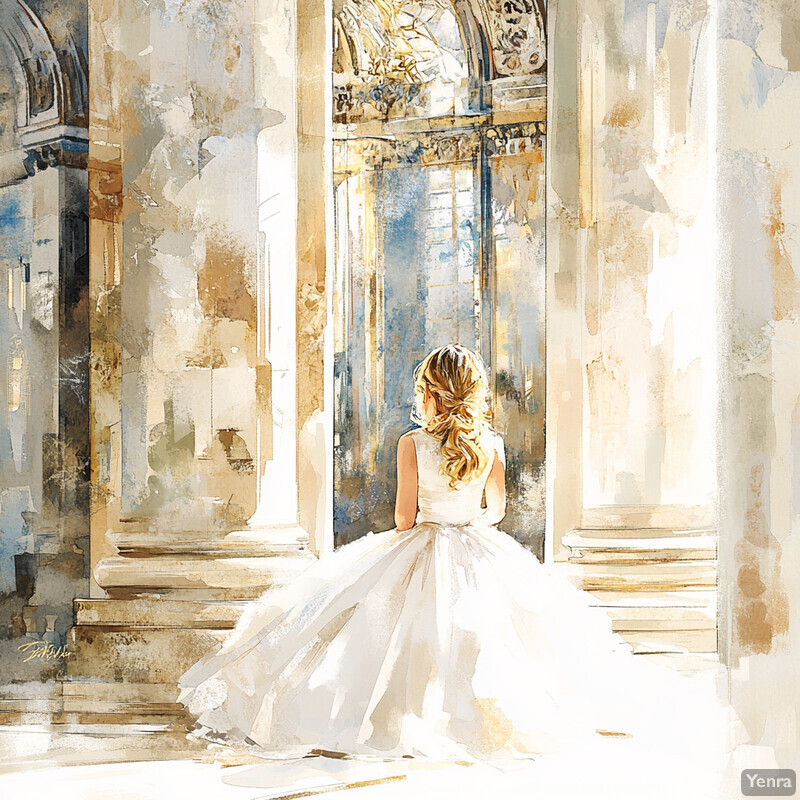 A young girl in a white dress sits calmly on the steps of a grand building, gazing out at something outside the frame.