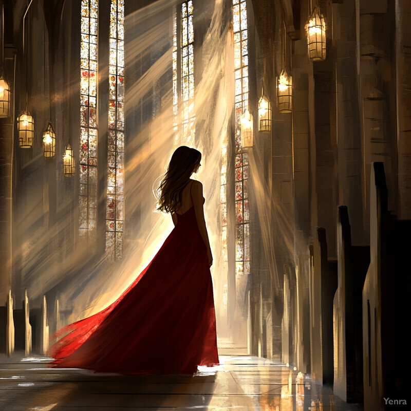 A woman in a red dress stands in a church or cathedral, surrounded by stained glass windows and sunlight.