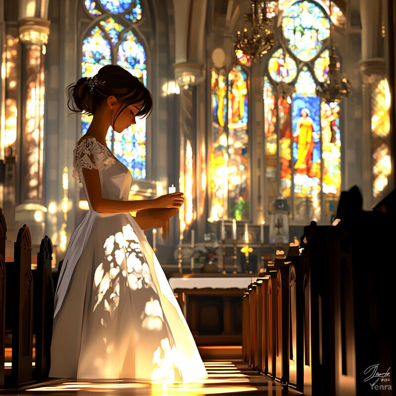 A serene scene of a woman standing in a church or cathedral, surrounded by stained glass windows and pews.